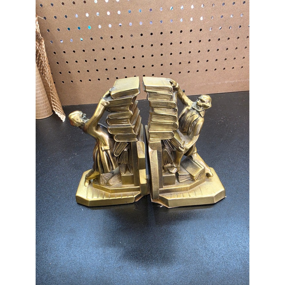Vintage Brass PM Craftsman Struggling librarian Bookends Mid Century Modern